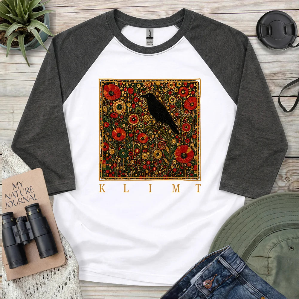 Klimt Raven In Flower Field 3/4 Sleeve T-shirt