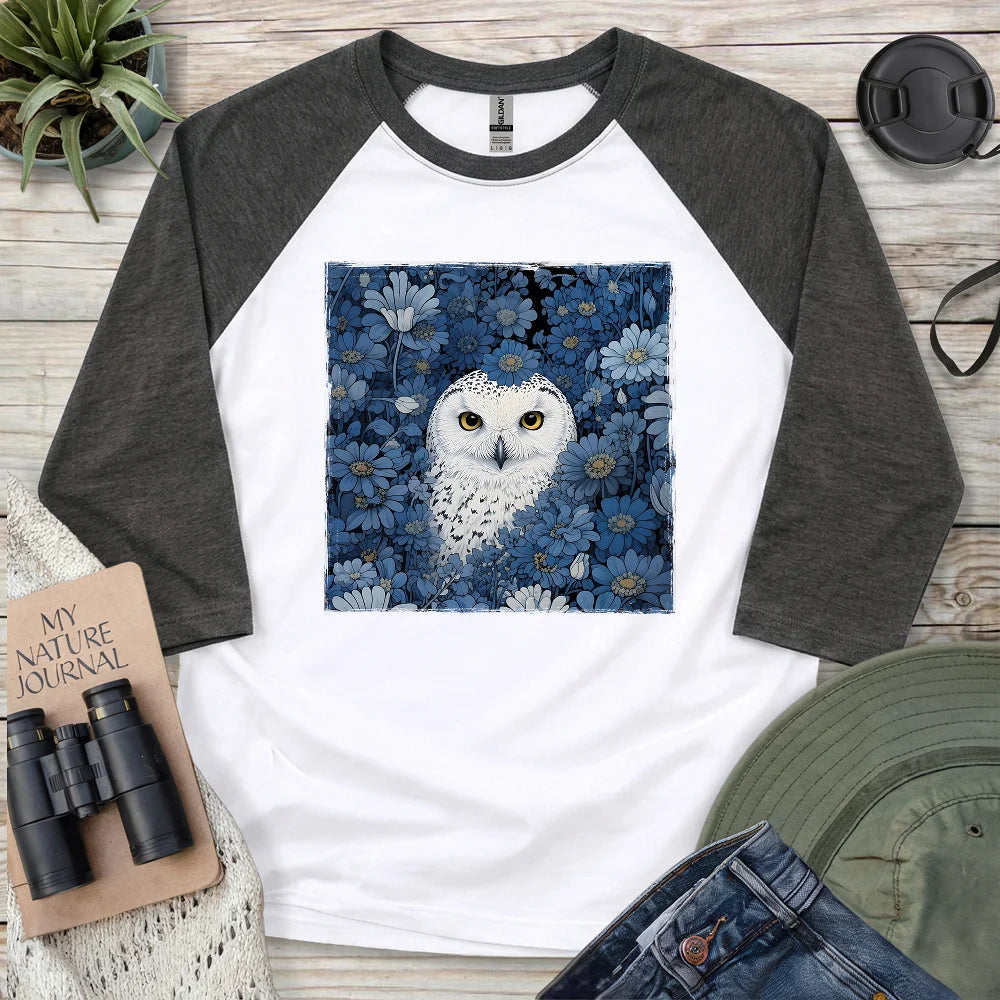 Snowy Owl In Flower Field 3/4 Sleeve T-shirt