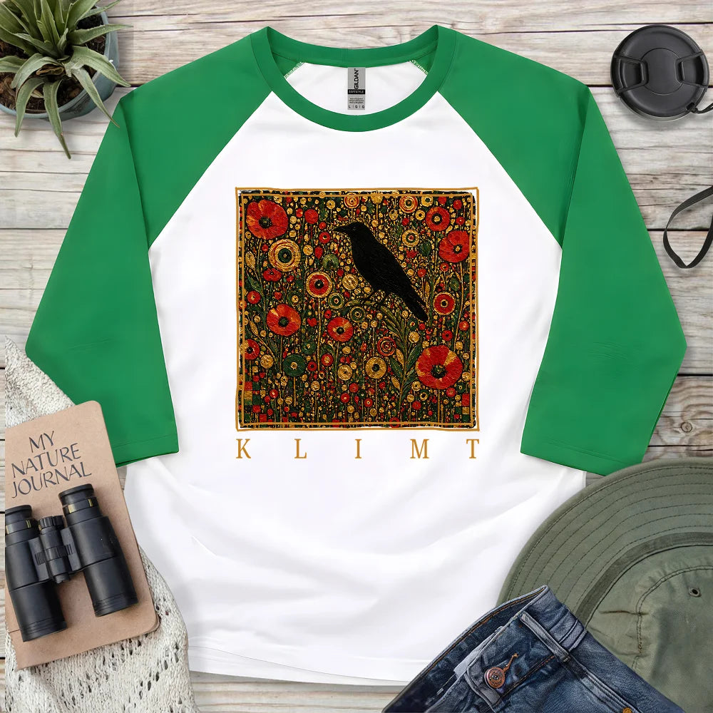 Klimt Raven In Flower Field 3/4 Sleeve T-shirt