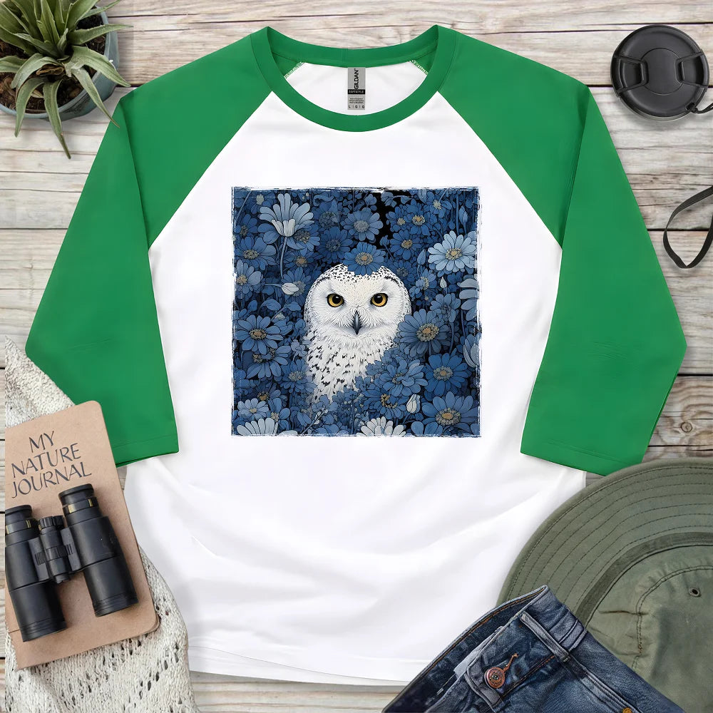 Snowy Owl In Flower Field 3/4 Sleeve T-shirt