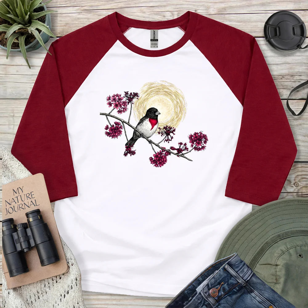 Grosbeak Under Forest's Moonlight 3/4 Sleeve T-shirt