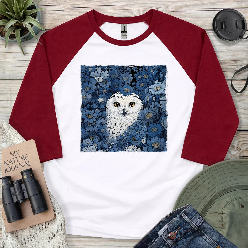 Snowy Owl In Flower Field 3/4 Sleeve T-shirt