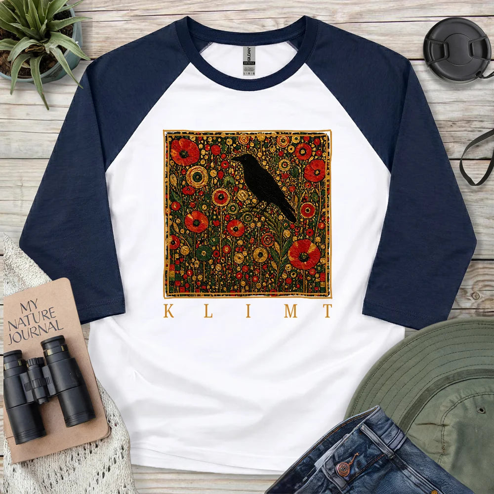 Klimt Raven In Flower Field 3/4 Sleeve T-shirt
