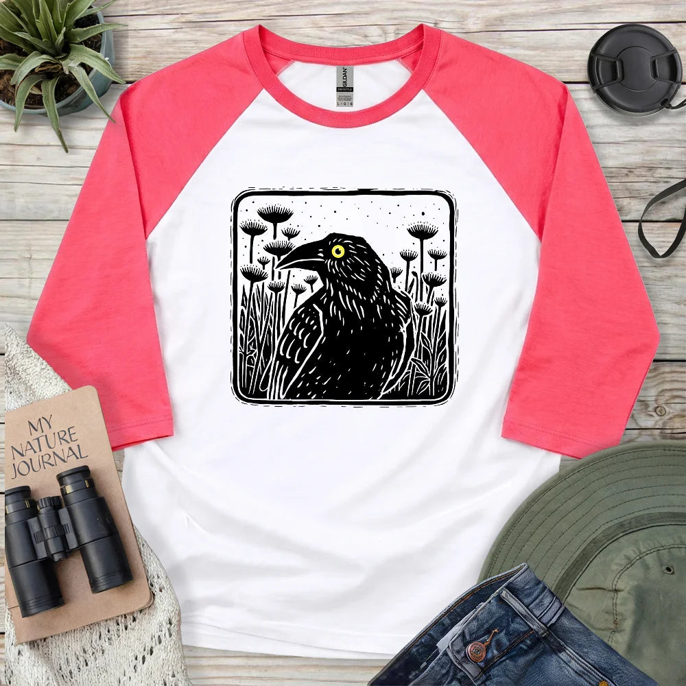 Floral Crow Silhouette 3/4 Sleeve T-shirt