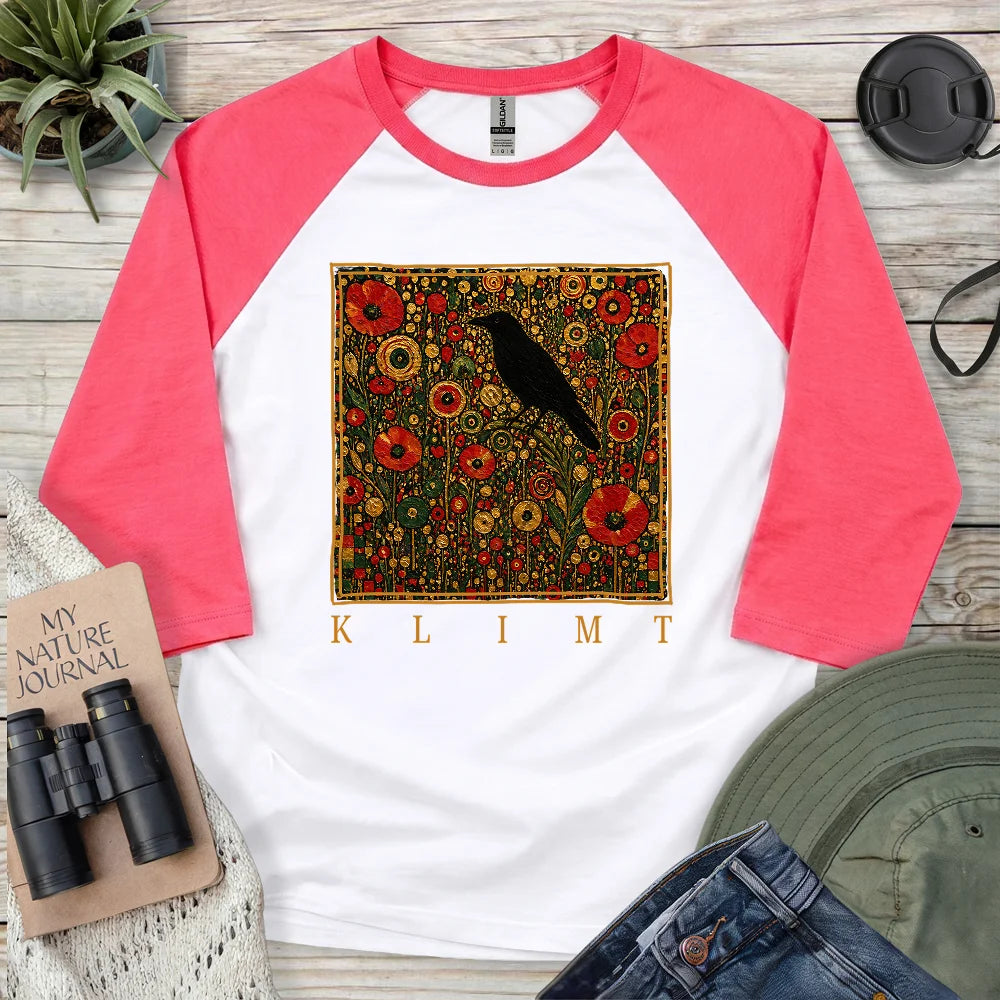 Klimt Raven In Flower Field 3/4 Sleeve T-shirt
