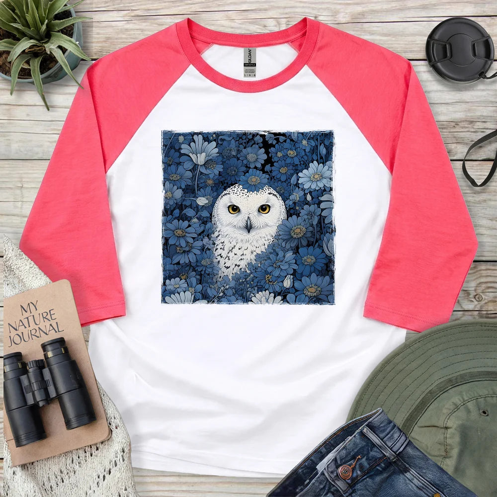 Snowy Owl In Flower Field 3/4 Sleeve T-shirt