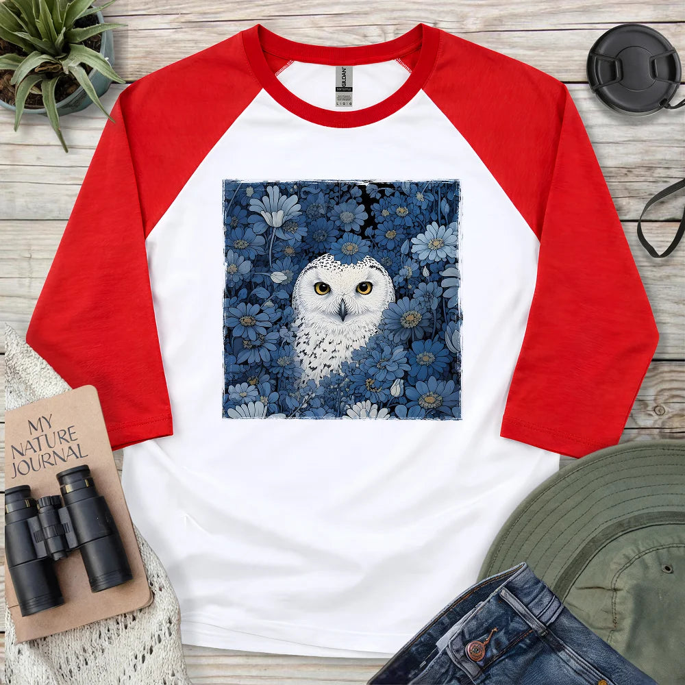 Snowy Owl In Flower Field 3/4 Sleeve T-shirt